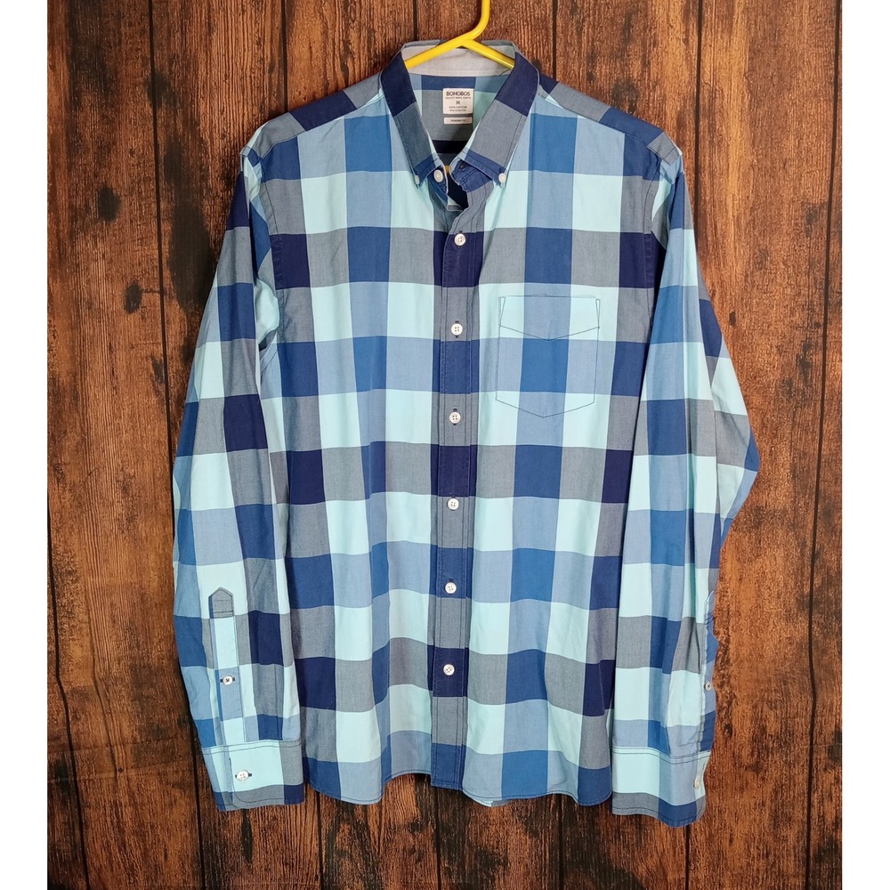 Bonobos Mens Blue Buffalo Plaid Button Down Shirt Standard Fit Medium Cotton